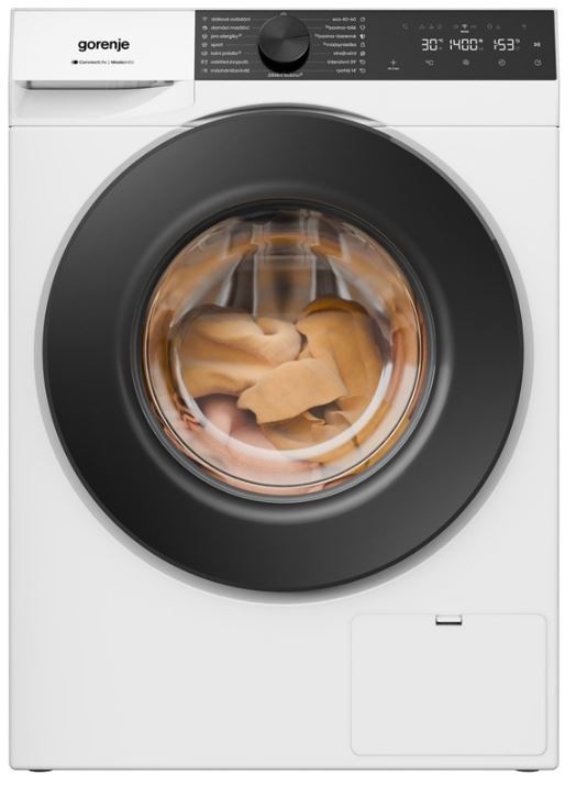 práčka Gorenje WS484A UltraClean v bielej farbe so zatvorenými dvierkami, pohľad spredu