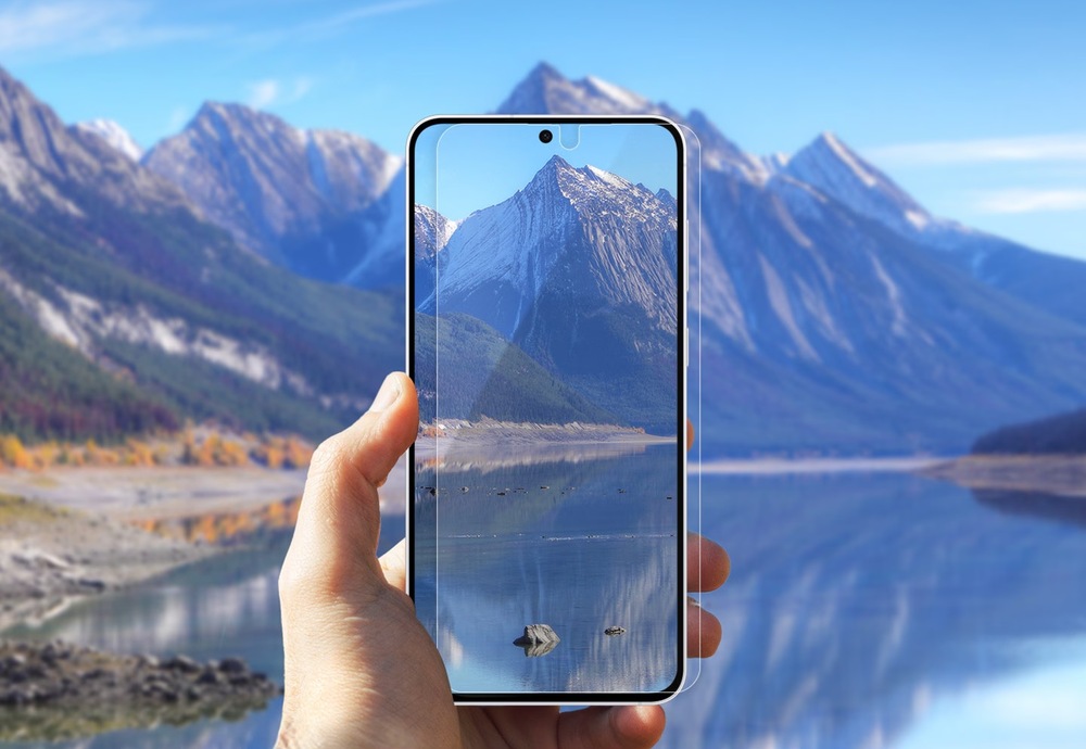 Ochranná fólia Samsung Anti-reflecting na Galaxy S25 FE - fólia pokladaná cez telefón, ukazuje čistý obraz telefónu s fóliou