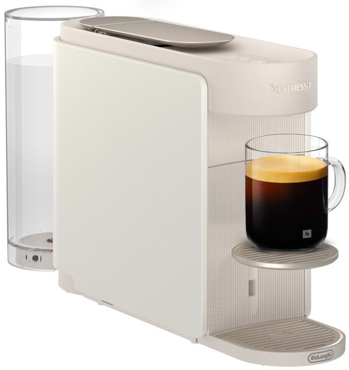 Kapsľový kávovar DeLonghi Nespresso Vertuo Up ENV200.W v bielej farbe so šálkou kávy