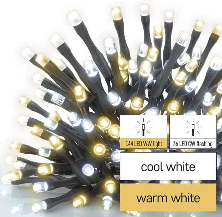 Vianočné osvetlenie EMOS 180 LED reťaz blikajúca, 18 m, vonkajšia aj vnútorná, teplá/studená biela, časovač Vianočné osvetlenie EMOS 180 LED reťaz blikajúca, 18 m, vonkajšia aj vnútorná, teplá/studená biela, časovač