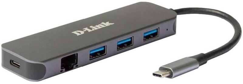 USB Hub D-Link 5v1 z USB-C na Gigabit Ethernet a funkciou Power Delivery sivý