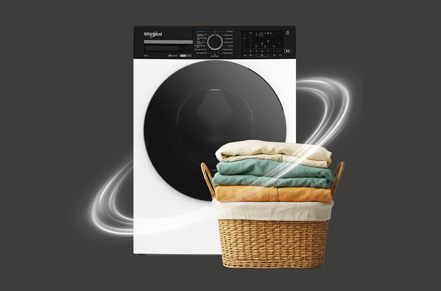Práčka/sušička Whirlpool WPD 0736W ADS EE, funkcia dryonly, v pozadí sušička, v popredí kôš s bielizňou