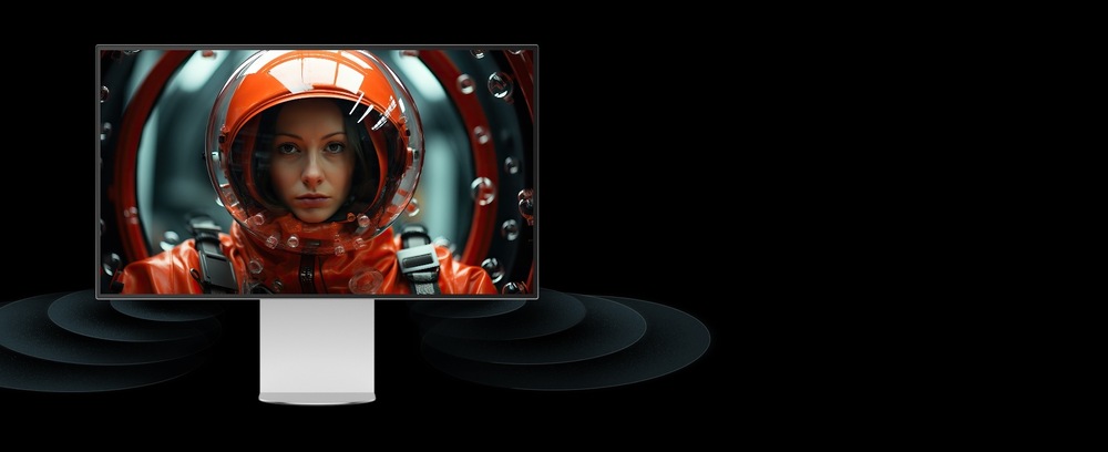 Počítačová obrazovka zobrazuje sústredeného astronauta v žiarivo oranžovom obleku a helme na tmavom pozadí.