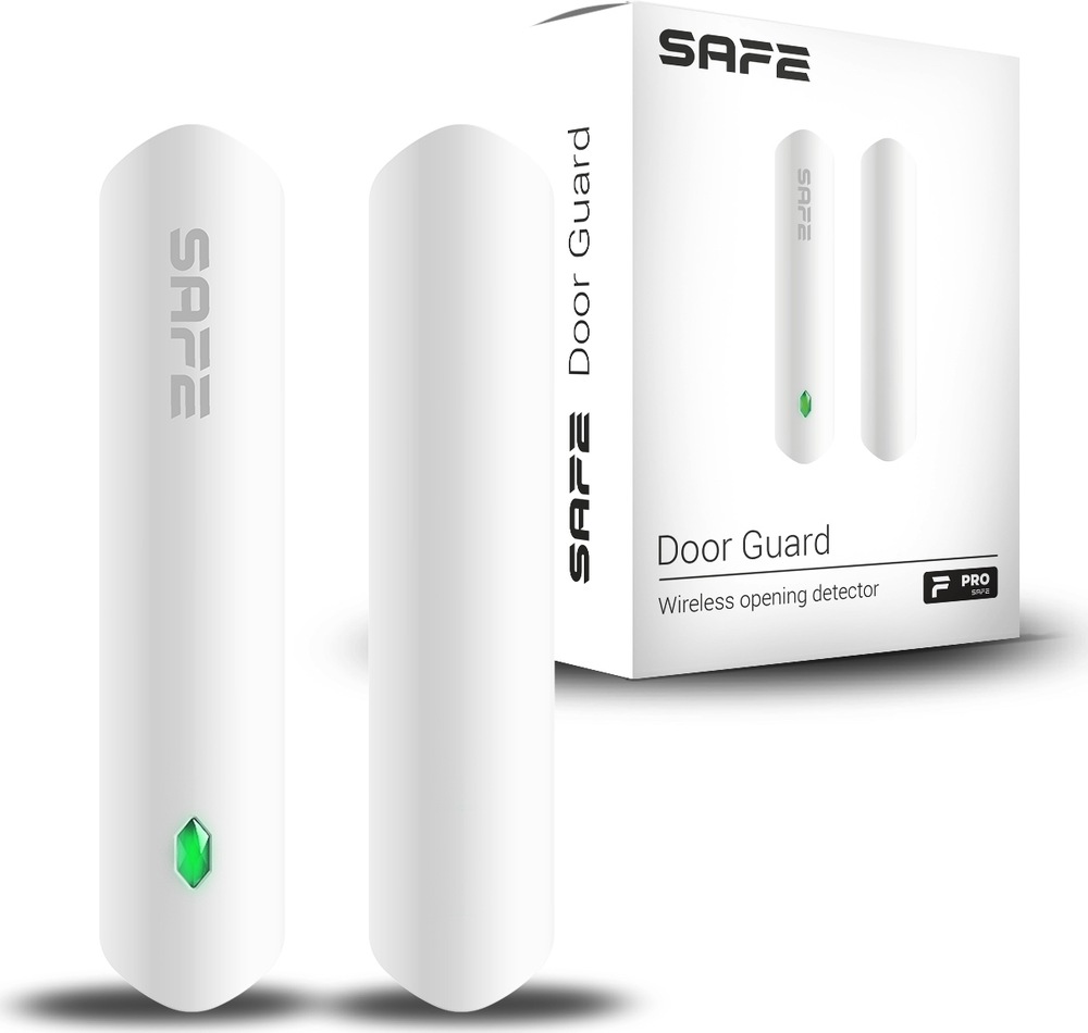 Kompletný set Safe Starter Kit biela Na obrázku je biely bezdrôtový detektor otvorenia SAFE a za ním jeho predajná krabica. Samotné zariadenie sa skladá z dvoch úzkych podlhovastých dielov, ktoré sa montujú vedľa seba na dvere alebo okno. Ľavý diel má logo SAFE a dole malú zelenú kontrolku, pravý diel je hladký a bez popisov. Škatuľa v pozadí zobrazuje rovnaký výrobok a nesie anglický názov Door Guard s doplnkom Wireless opening detector. Fotografia pôsobí ako čistá produktová prezentácia magnetického senzora na stráženie otvorenia dverí alebo okien.