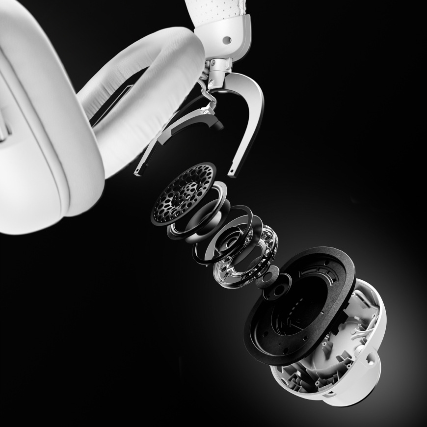 Headset Logitech PRO X3 LIGHTSPEED Wireless ružový Explodovaný pohľad na konštrukciu náušníka headsetu Logitech PRO X 3 LIGHTSPEED Wireless s jednotlivými vnútornými vrstvami meniča