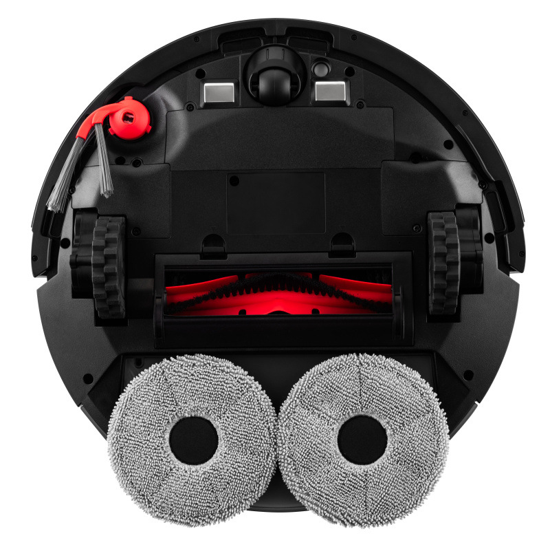 Robotický vysávač ETA Leone 2 5254 90000 sivý Pohľad na spodnú stranu robotického vysávača, kde sú zreteľne viditeľné dve kruhové mopovacie textílie, centrálna kefa, dve hnacie kolesá a bočná kefa.