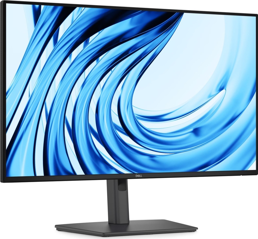 Monitor Dell Pro P2726H sivý Šikmý čelný pohľad na sivý monitor Dell Pro P2726H s tenkými rámčekmi, centrálnym stojanom a širokou obdĺžnikovou základňou.