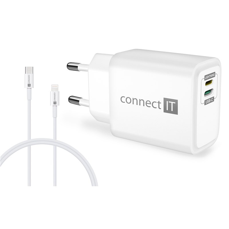 Nabíjačka do siete Connect IT 1x Lightning + 1×USB-C, 20W + kabel Lightning/USB-C biela