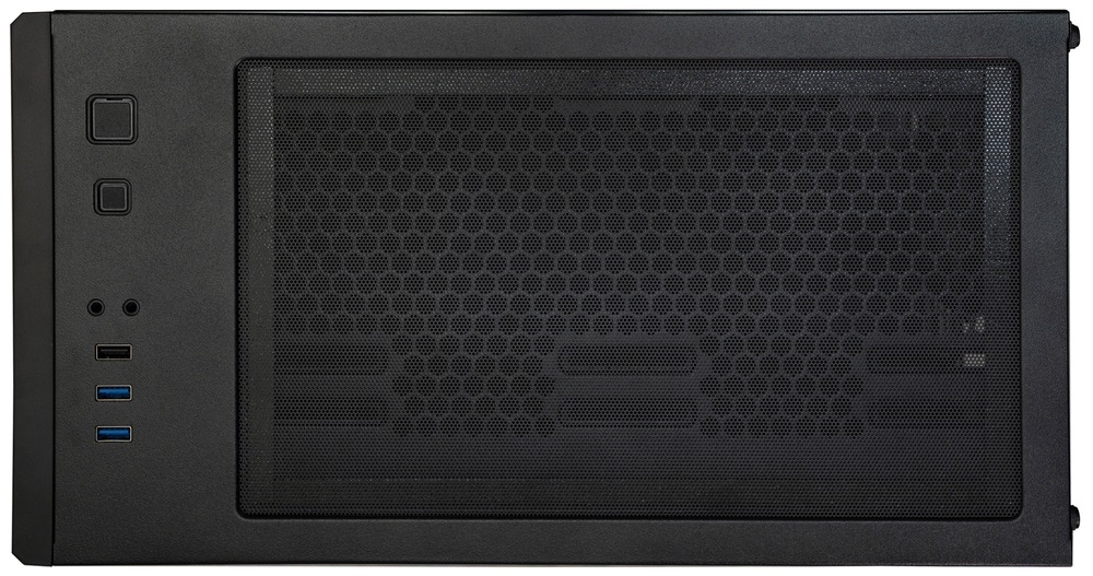 Case BitFenix Grafi čierna Na fotografii je horný panel čiernej PC skrine s veľkou perforovanou (mesh) mriežkou na odvod vzduchu/prachový filter. Vľavo je vidieť horné I/O: dve tlačidlá (napr. power/reset), 2× audio jack a trojica USB portov (1× čierny, 2× modré).