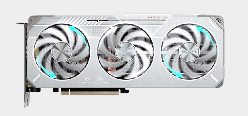 Grafická karta GIGABYTE Radeon RX 9060 XT GAMING OC ICE 16G biela Detail troch ventilátorov WINDFORCE grafickej karty radu Gaming s technológiou alternujúceho otáčania