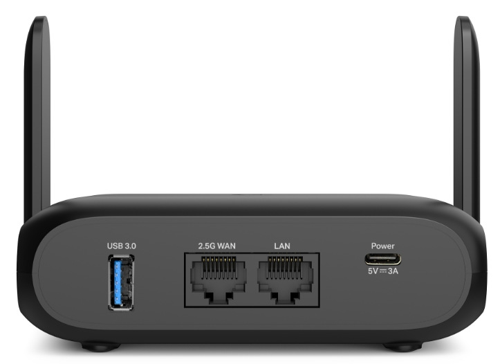 Router TP-Link TL-WR3602BE Travel/Pocket čierny Zadné konektory routeru TP-Link TL-WR3602BE s USB 3.0, 2.5G WAN, LAN portom a USB-C napájaním