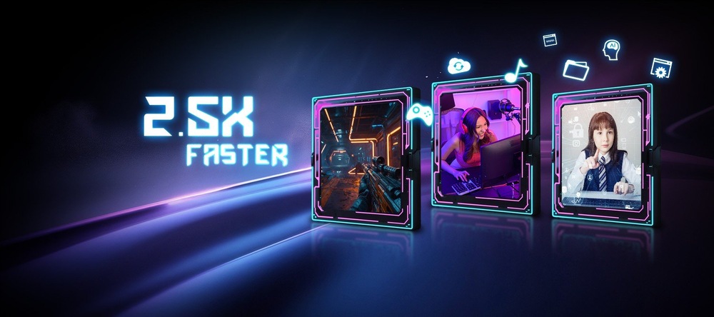 Základná doska ASRock A620AM-X čierna Futuristický obrázok s hernou tematikou a zvýrazneným textom 2,5x rýchlejšie vľavo. Tri digitálne rámčeky vpravo zobrazujú scénu z videohry, hrajúcu osobu a videohovor, obklopené plávajúcimi ikonami.