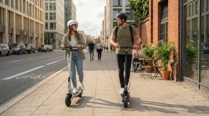 Elektrická kolobežka Sencor SCOOTER S71 DARK čierna/sivá Muž a žena idú na elektrických kolobežkách Sencor SCOOTER S71 DARK po mestskom chodníku.