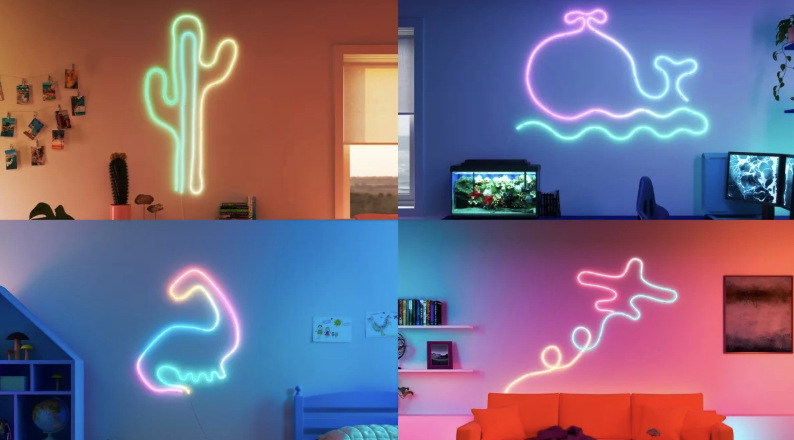 LED pásik Philips Smart LED Neon RGBIC LED strip 10m Type-C biely LED pásik vytvarovaný na stenách do motívov kaktusu, veľryby, dinosaura a padajúce hviezdy