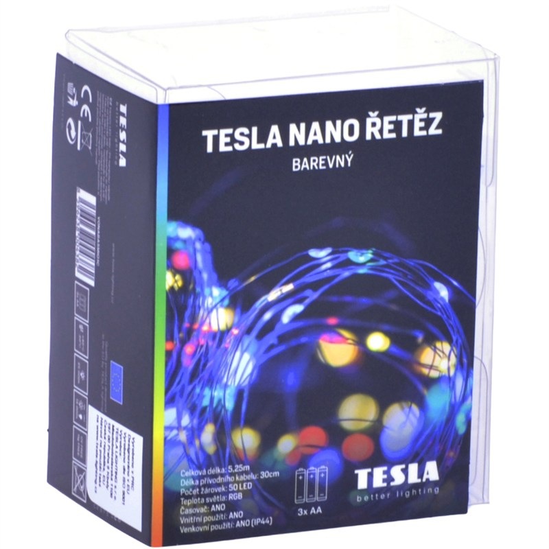 Vianočné osvetlenie Tesla Lightning nano reťaz 50 LED, RGB, 5m + 30cm kábel, 3x AA batérie, časovač, IP44
