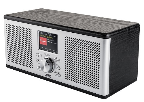 Strieborno-čierne digitálne rádio JVC RA-E775B-DAB s dreveným dekorom, farebným LCD displejom a stereo reproduktormi a centrálnym ovládacím kolieskom
