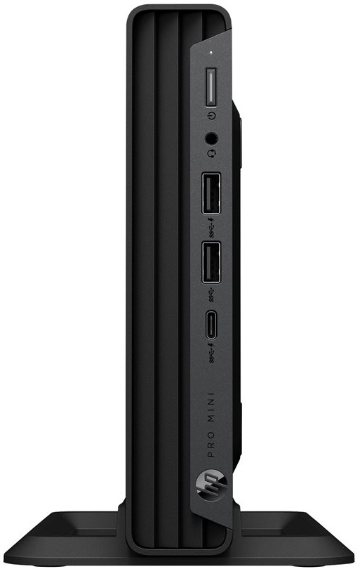Mini stolný počítač HP Pro Mini 400 G9 umiestnený v praktickom vertikálnom stojane