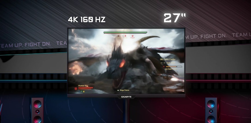 Herný monitor GIGABYTE M27UP-ICE biely Detail obrázku monitora s nastavením režimu zobrazenia.