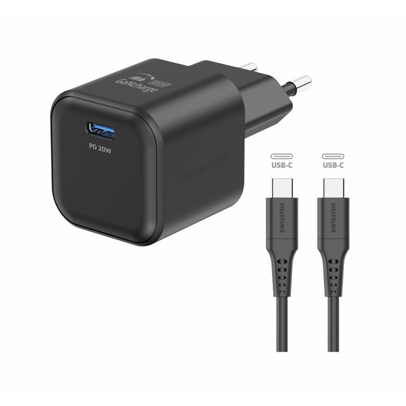 Nabíjačka do siete Swissten GAN 1x USB-C 20W PD + Dátový kábel USB-C/USB-C 1,2 M čierna