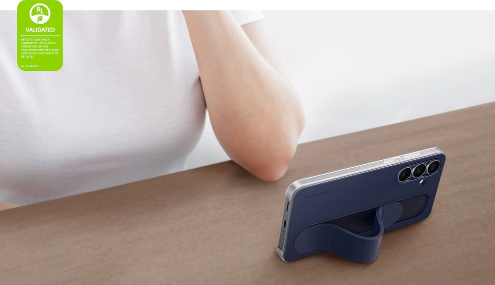 Kryt na mobil Samsung Standing Grip na Galaxy S25 FE tmavo modrá farba Kryt na mobil Samsung Standing Grip pre Samsung Galaxy S25 FE - ukážka využitia rukoväte krytu ako stojanu