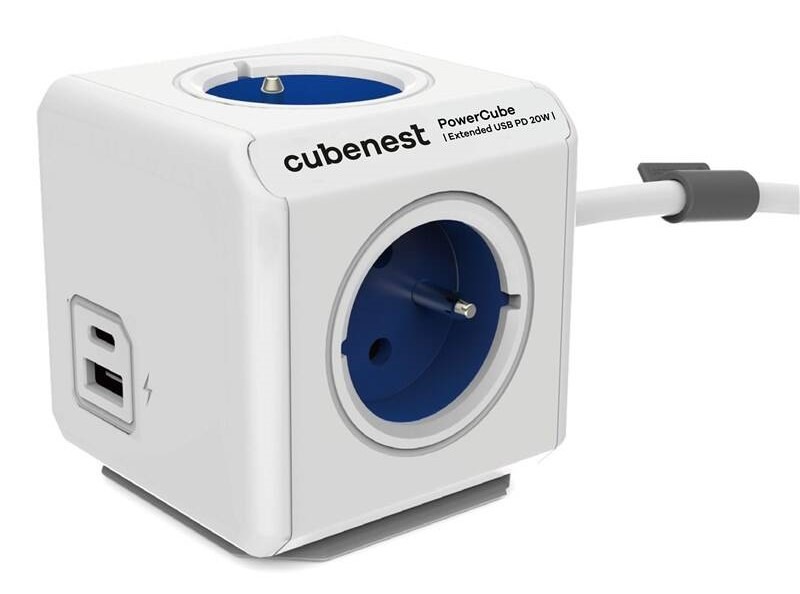Kábel predlžovací Cubenest Powercube Extended USB PD 20W, USB, USB-C, 4x zásuvka, 1,5m biely/modrý