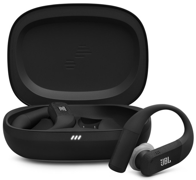 Bezdrôtové športové slúchadlá JBL Endurance Peak 4 v čierno-sivej farbe s nabíjacím puzdrom