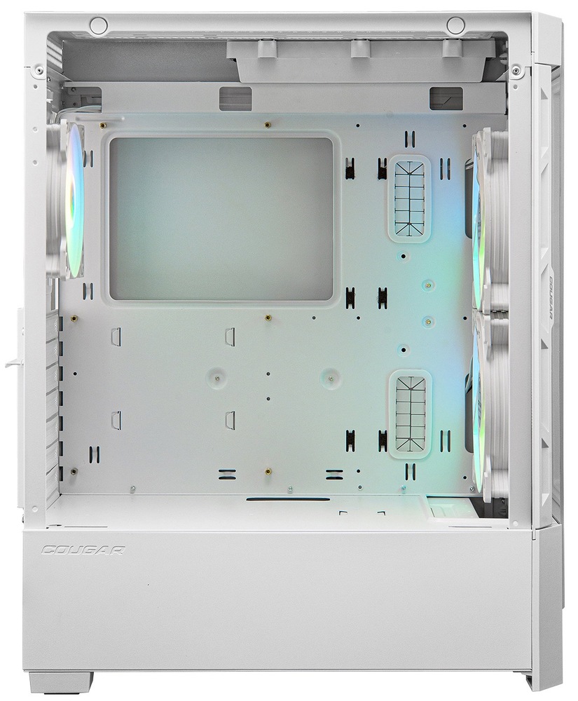 Case Cougar DUOFACE RGB biela Pohľad z boku do prázdnej PC skrine. Ilustruje veľký vnútorný priestor.