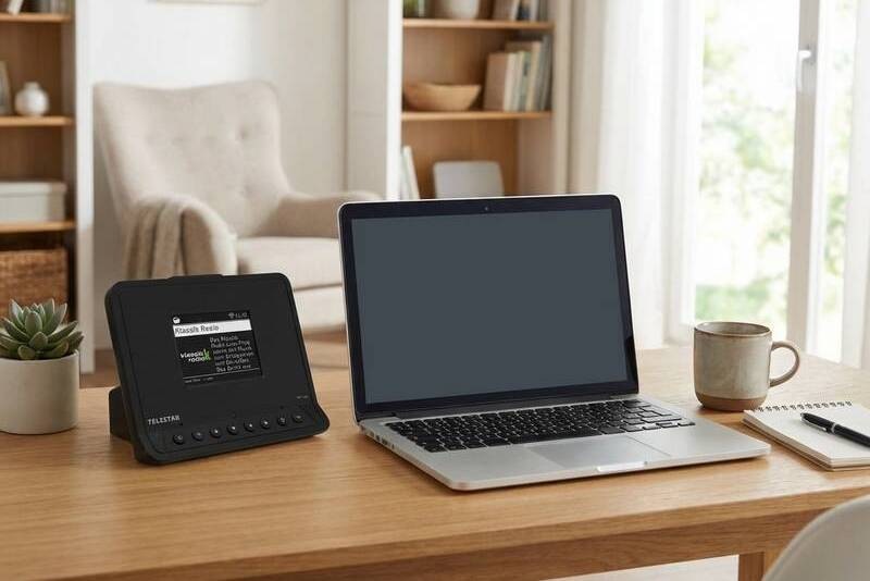 Internetový rádioprijímač s DAB+ Telestar TOP 400 čierny Telestar TOP 400 Hi-Fi adaptér umiestnený na pracovnom stole vedľa notebooku v modernom interiéri