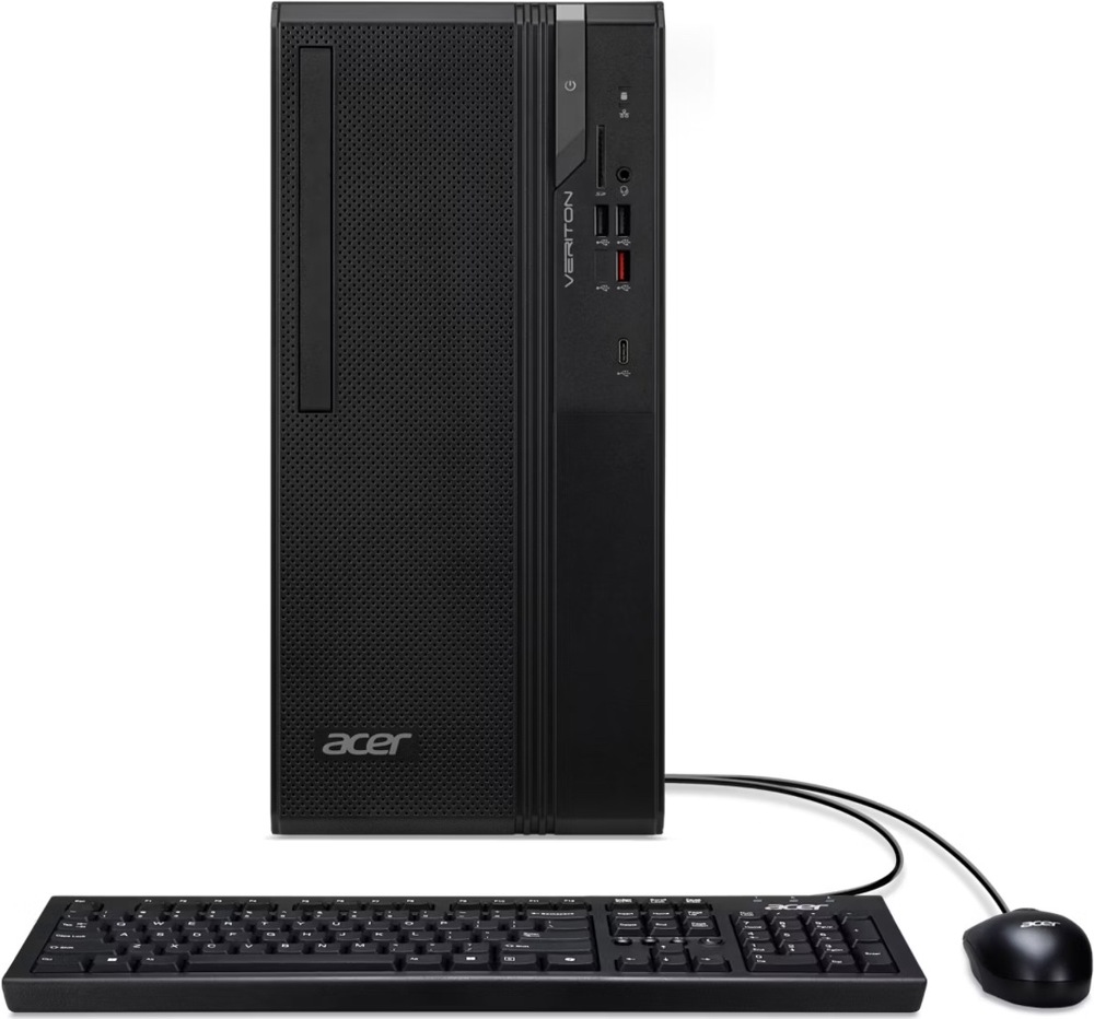 Stolný počítač Acer Veriton S2735G W FR300W 92+ čierny Na obrázku je stolný počítač Acer Veriton S2735G v čiernom prevedení spoločne s káblovou klávesnicou a myšou. Počítačová skriňa stojí zvisle, má perforovaný predný panel s logom Acer a pravý ovládací panel s tlačidlom napájania, čítačkou kariet, audio konektorom a niekoľkými USB portami vrátane USB-C. Pred skriňou leží čierna plnohodnotná klávesnica s numerickou časťou a vpravo je čierna drôtová myš. Obrázok ukazuje kompletnú pracovnú zostavu vhodnú do kancelárie.
