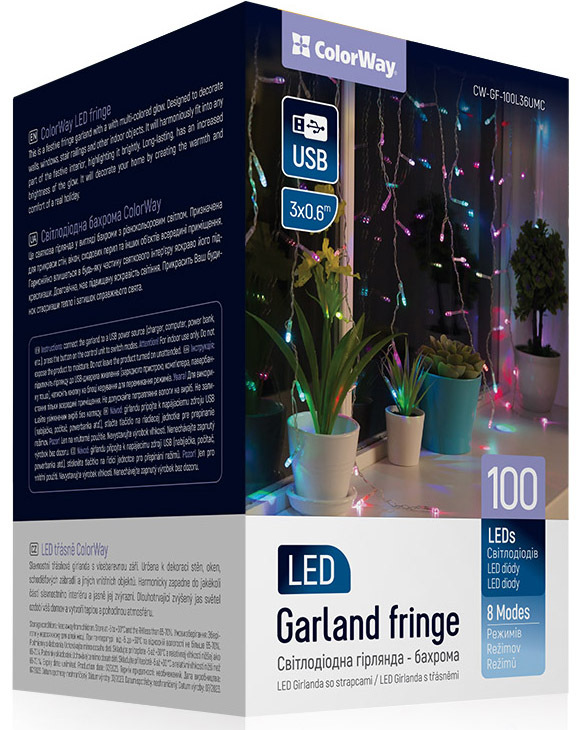 Vianočné osvetlenie ColorWay vnútorné, 100 LED, 3× 0,6m, IP20, USB, viacfarebné