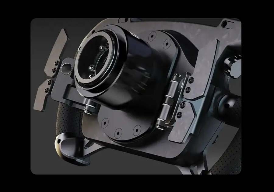 Volant Moza Racing GS V2P (PC) čierny Detailný záber na zadnú stranu volantu s páčkami radenia.