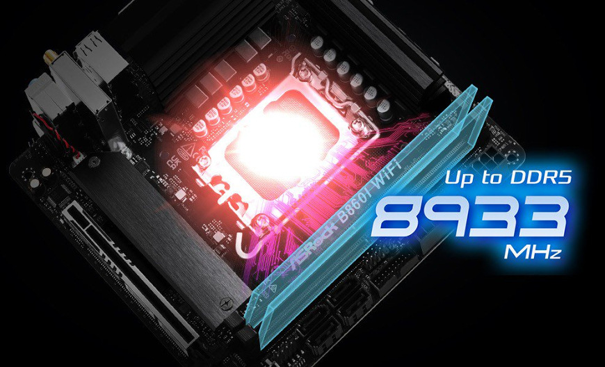 Základná doska ASRock B860I WiFi Detail slotov DDR5 na základnej doske ASRock B860I WiFi s podporou frekvencií až 8933 MHz