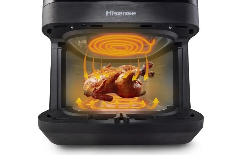 Fritéza teplovzdušná Hisense HAF2100DCD DUAL HEATER čierna kura sa pečie v teplovzdušnej fritéze Hisense HAF2100DCD a okolo nej sú šípky, ako prúdi vzduch,