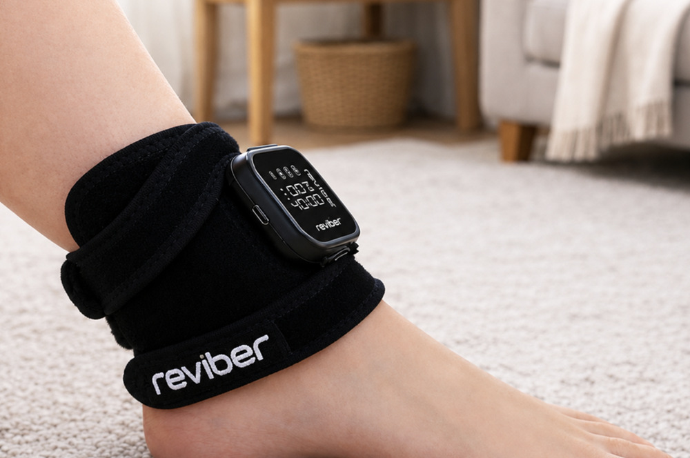 Detail masážneho prístroja Reviber Zen Physio LED s aktívnym červeným svetlom