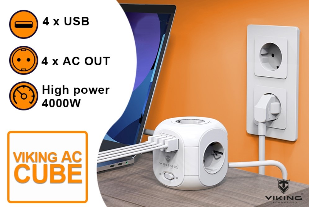 Kábel predlžovací Viking AC CUBE 4x zásuvka, 3x USB, 1x USB-C, 1,8 m biely Kábel predlžovací Viking AC CUBE 4x zásuvka, 3x USB, 1x USB-C, 1,8 m biely