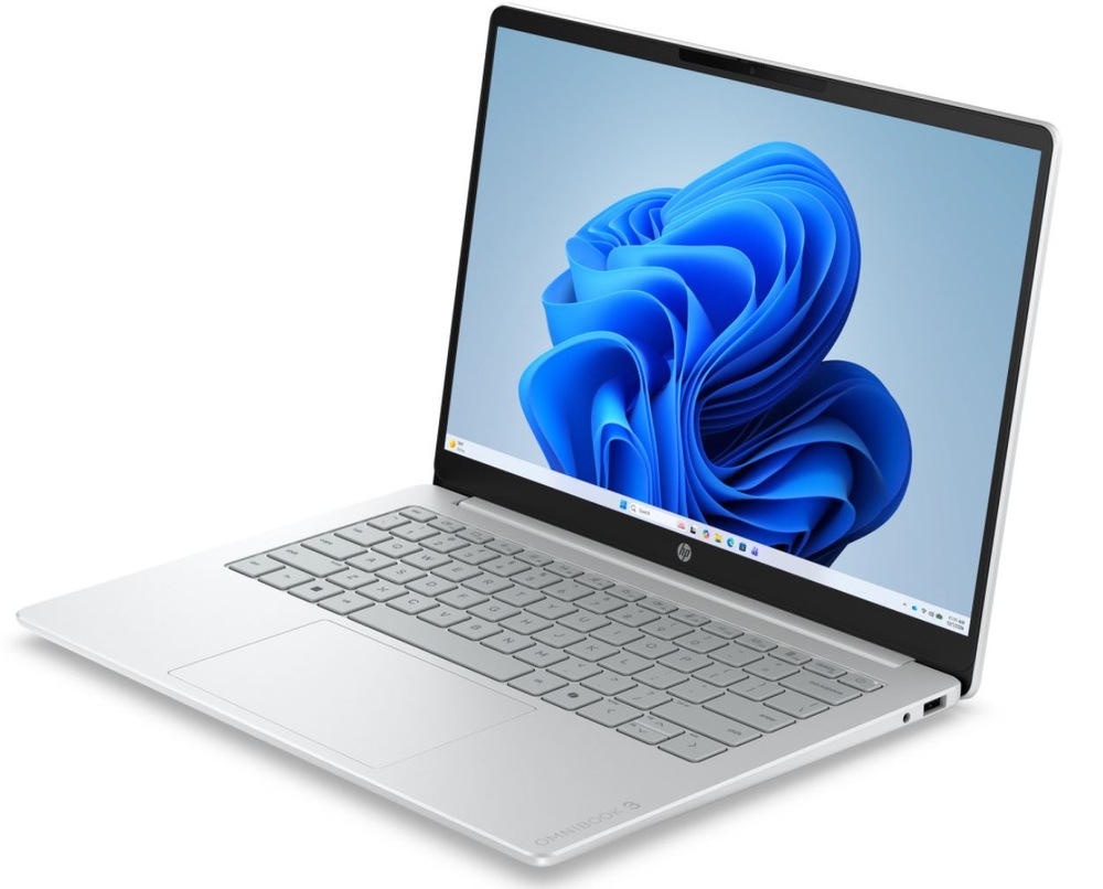 Notebook HP OmniBook 3 14-hy0001ncx + Game Pass predplatné na 2 mesiace strieborný Notebook HP OmniBook 3 v striebornom prevedení z bočného pohľadu