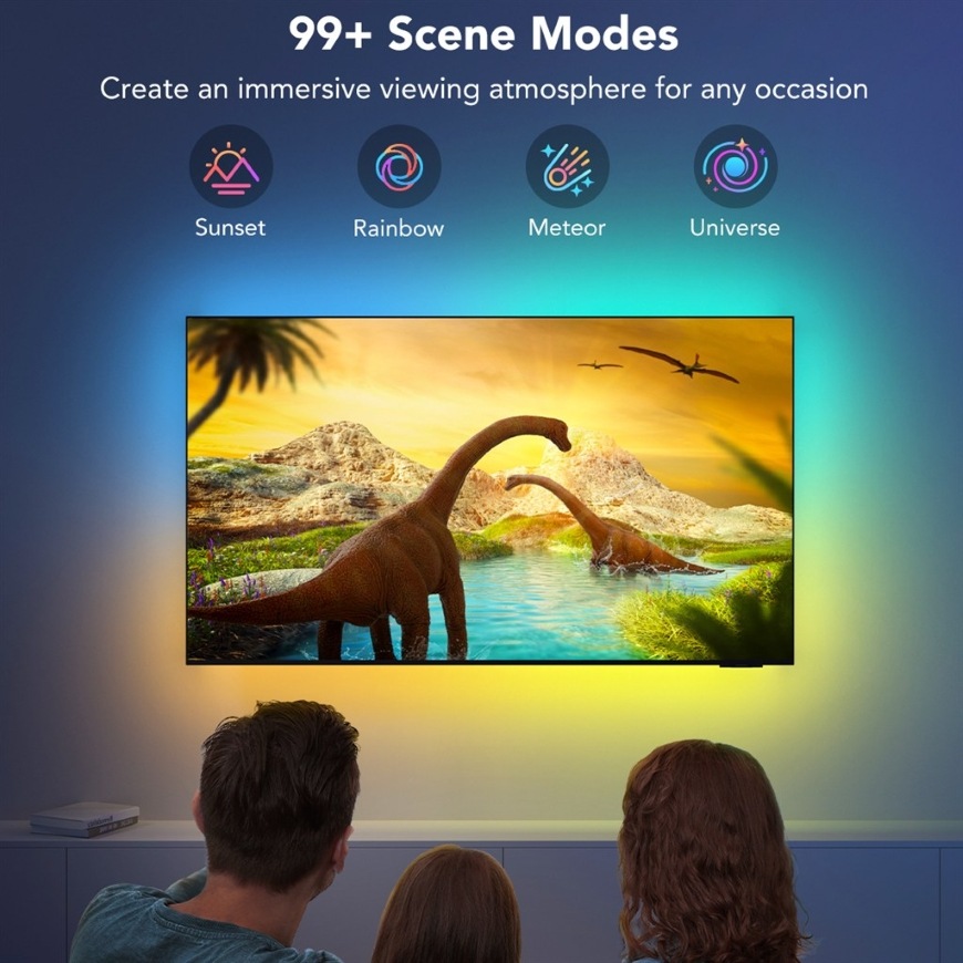 LED pásik Govee TV 40-50", SMART LED, RGBIC, 2,4m čierny Rodina sledujúci film o dinosauroch na obrazovke podsvietenej LED pásikom Govee TV 40-50" SMART LED s viac ako 90 režimami