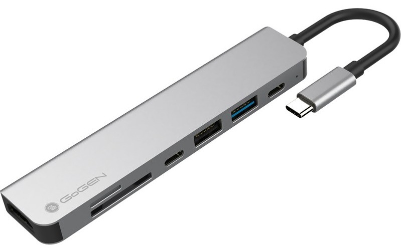 Sivý kovový USB-C hub GoGEN so čítačkou SD a MicroSD kariet, porty HDMI a USB