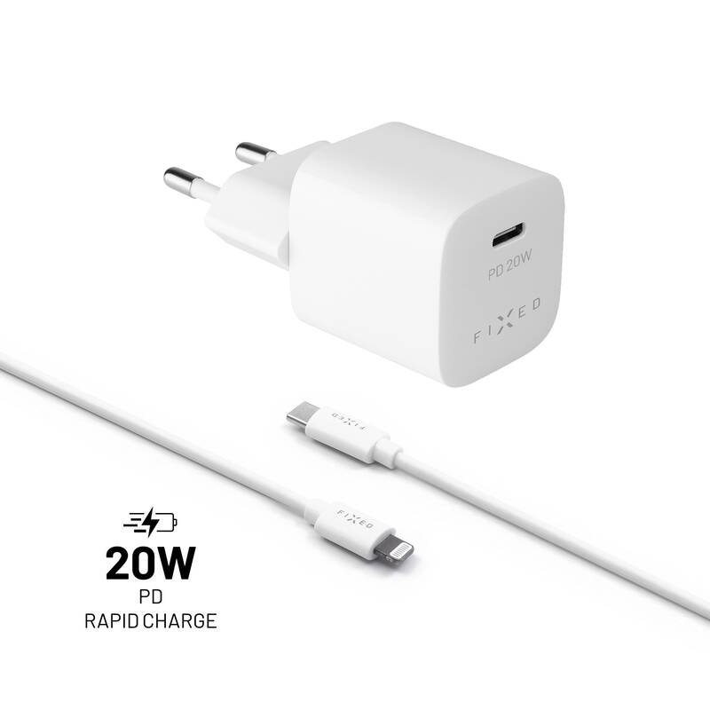 Nabíjačka do siete FIXED Mini USB-C PD 20W, MFI + Lightning kábel 1m biela