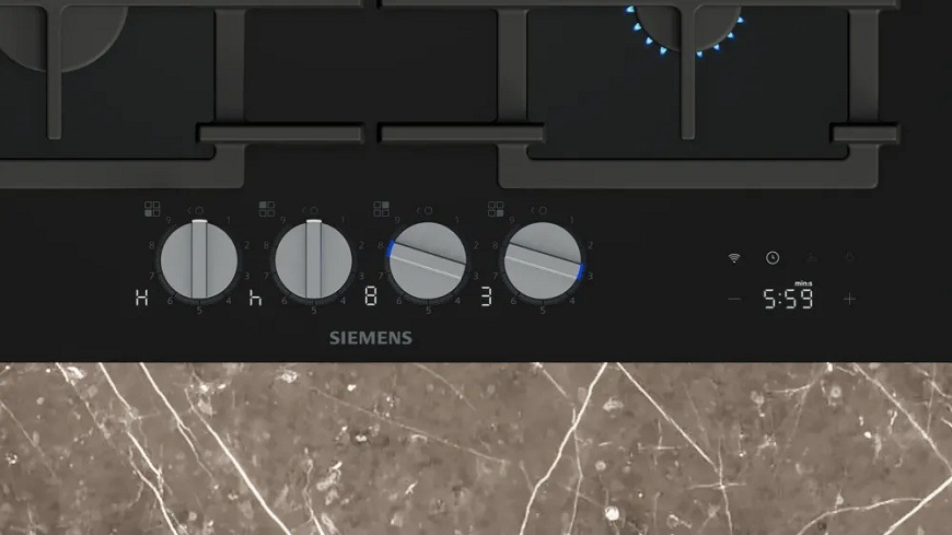 Plynová varná platňa Siemens iQ700 ER6A6PH40 čierna Podsvietené otočné voliče varnej dosky Siemens ER6A6PH40