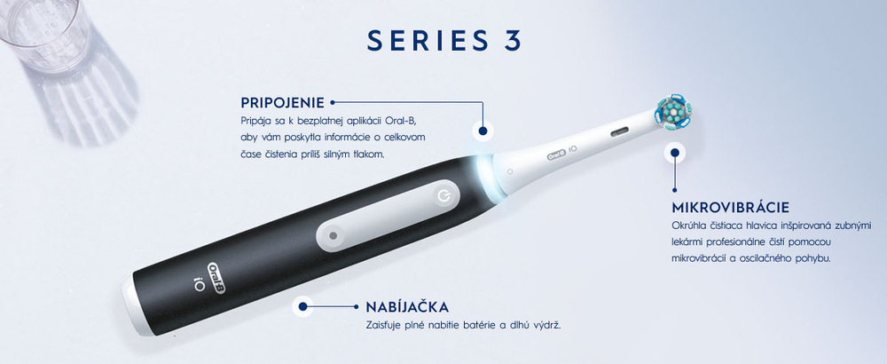 Zubná kefka Oral-B iO Series 3 iO3 Black Na obrázku je elektrická zubná kefka Oral-B iO Series 3 s popisom jej funkcií, ako sú mikrovibrácie, nabíjanie a prepojenie s aplikáciou