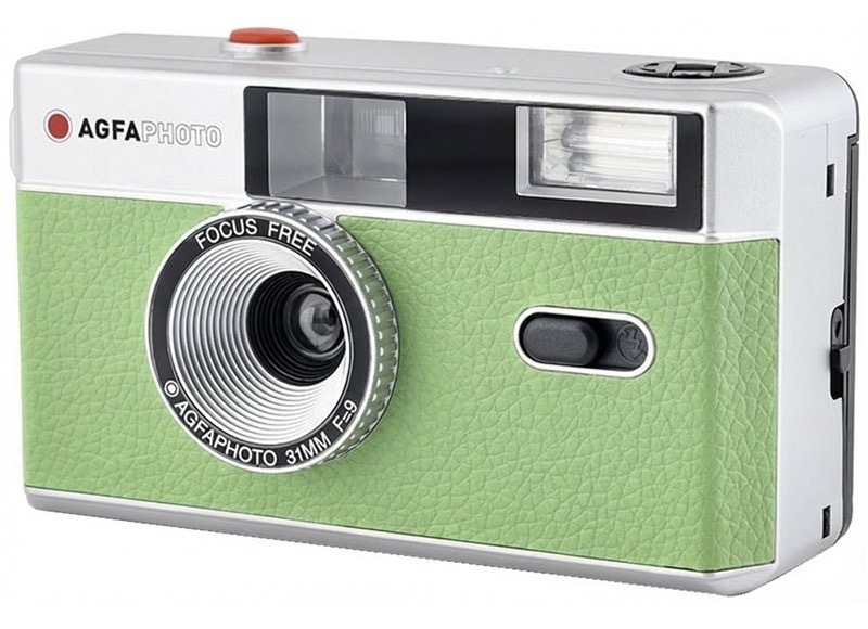 Analógový fotoaparát AgfaPhoto so vstavaným bleskom, zelená farba