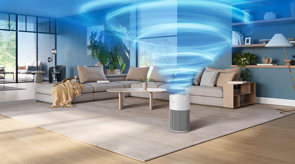 Vír znázorňujúci čistenie vzduchu vychádzajúci z čističky Philips AC2220/10 2000 Series v obývacej izbe