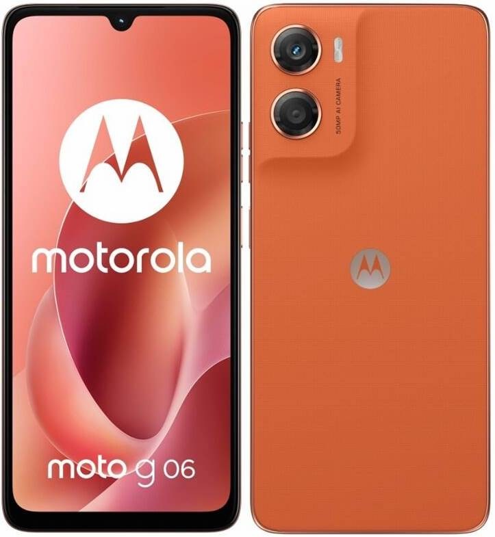 Motorola Moto G06 v oranžovej farbe, chytrý telefón s 6,88″ displejom, 50Mpx fotoaparátom a elegantným dizajnom