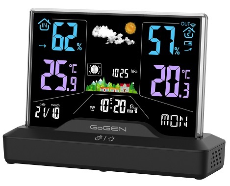 Bezrámčeková meteostanica GoGEN ME 2000 s podstavcom, zobrazujúca namerané hodnoty