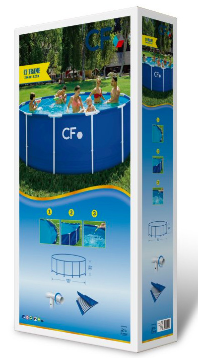 Bazén CF Frame modrý Balenie bazéna CF FRAME 366 x 122 cm modrý s náhľadom konštrukcie a pripojenie filtrácie