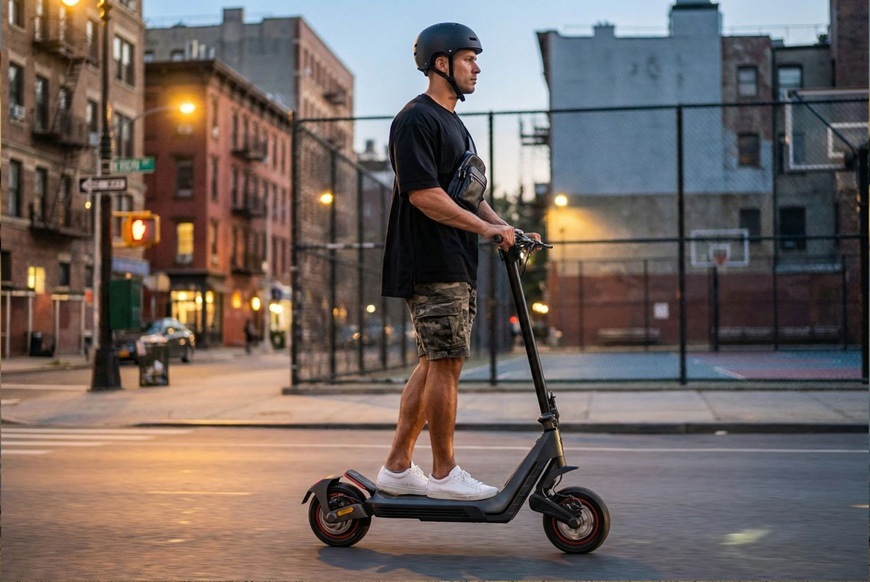 Elektrická kolobežka Sencor SCOOTER S80 čierna Muž na elektrickej kolobežke Sencor SCOOTER S80 prechádza mestom za súmraku. Integrované osvetlenie a stabilná konštrukcia prispievajú k pohodlnej a bezpečnej jazde v mestskej premávke.