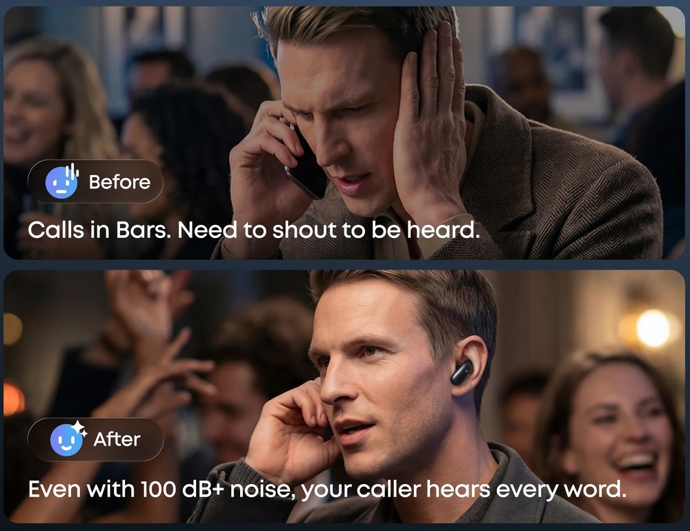 Muž telefonujúci prostredníctvom smartfónu vs so slúchadlami Anker soundcore Liberty 5 Pro zaisťujúcimi skvelú počuteľnosť aj v hlučnom prostredí