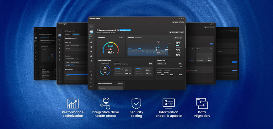 SSD externý Samsung P9 8TB čierny Softvér Samsung Magician pre správu, kontrolu stavu a optimalizáciu SSD