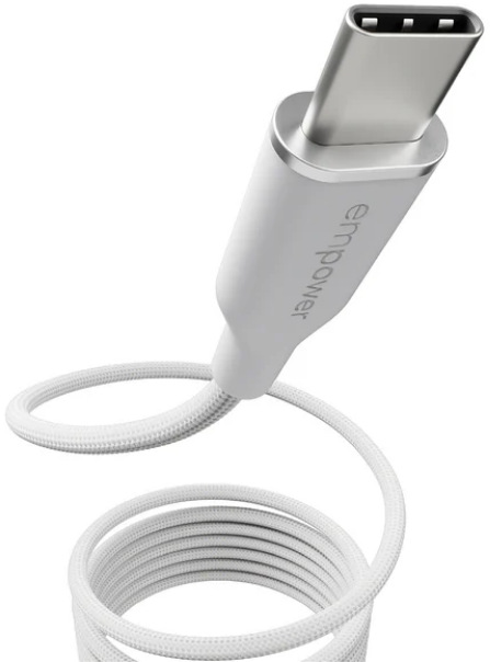 Biely kábel s konektorom USB-C a nápisom empower.